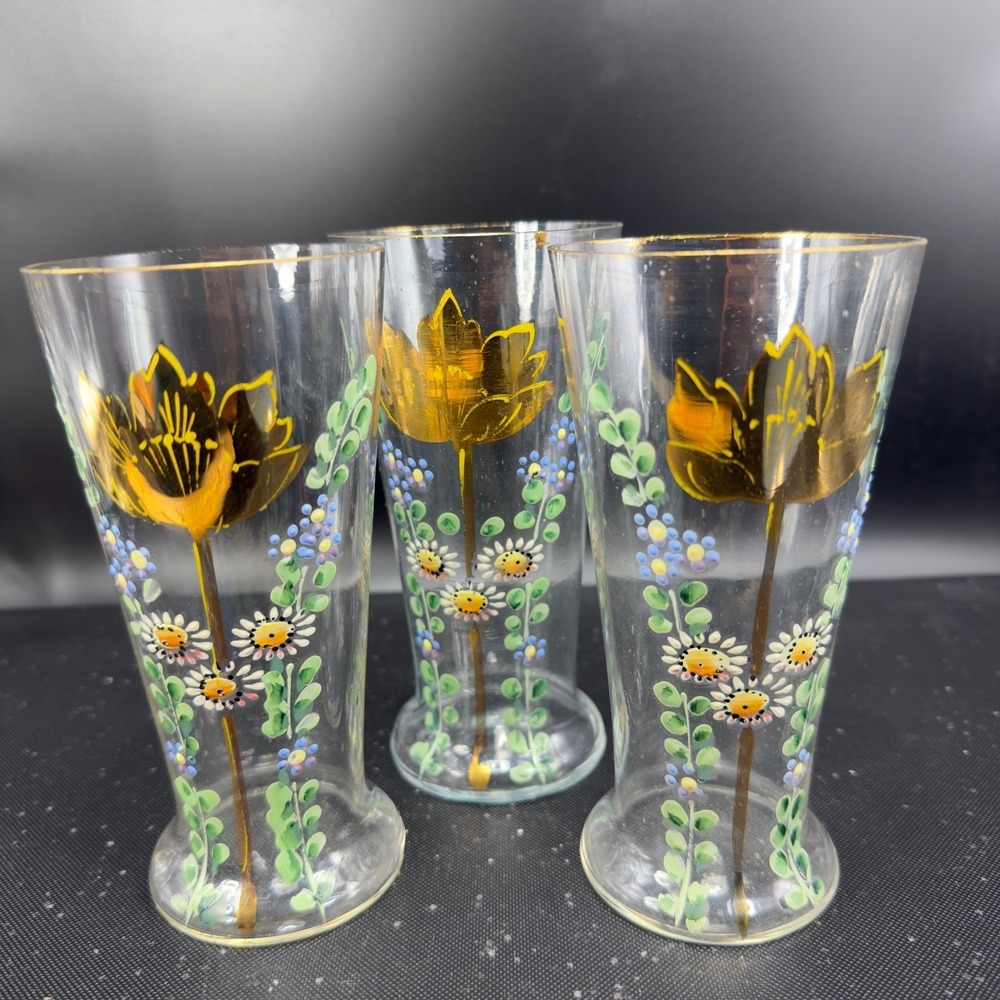 Antique Enamel Painted Floral Glass Tumblers Cups Tulip Daisy Gold Rim Set 3 VTG